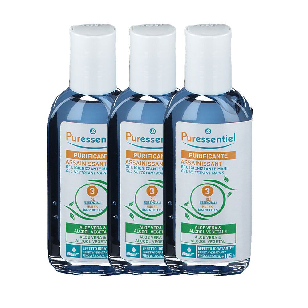 Trois flacons de gel nettoyant pour les mains. Bouchon blanc, liquide bleu. Inscription : Puressentiel, PURIFICANT, ASSAINISSANT, GEL NETTOYANT MAINS.