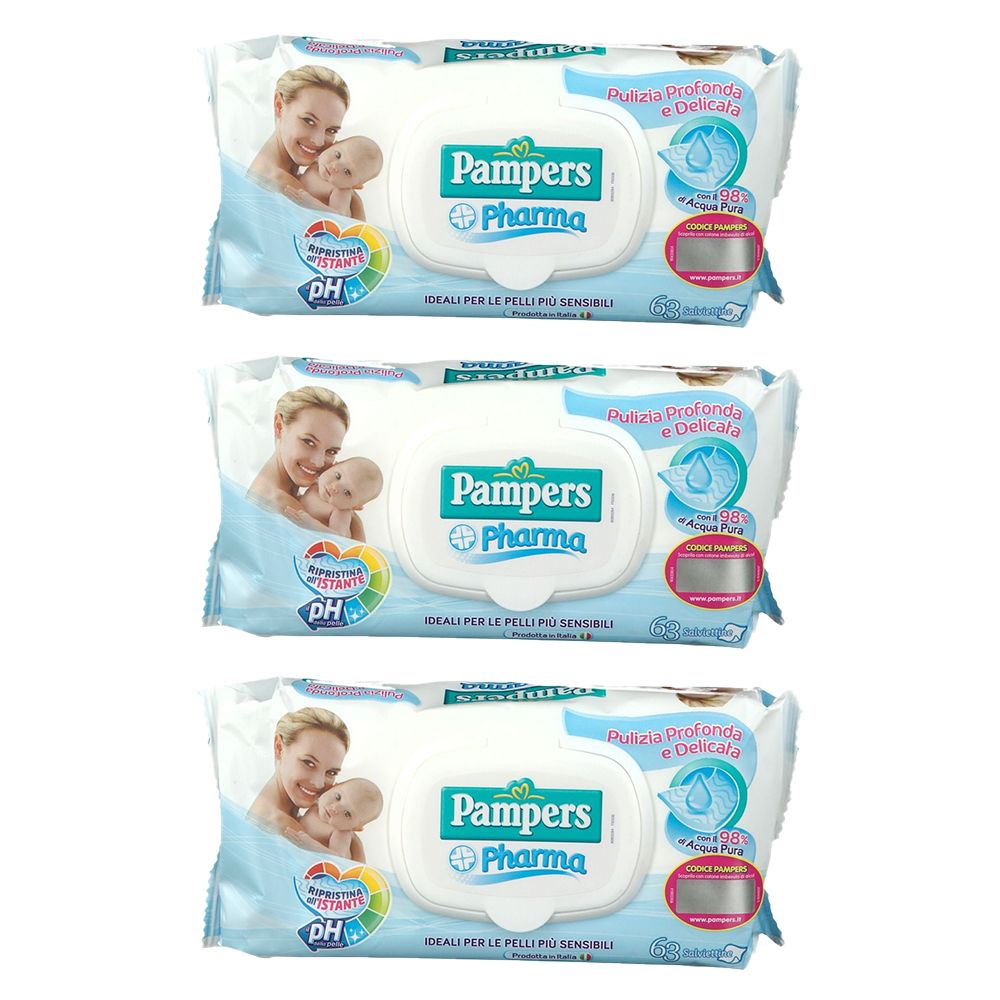 Trois paquets de lingettes. Chaque paquet porte le logo Pampers Pharma et une image d'une mère et de son bébé.