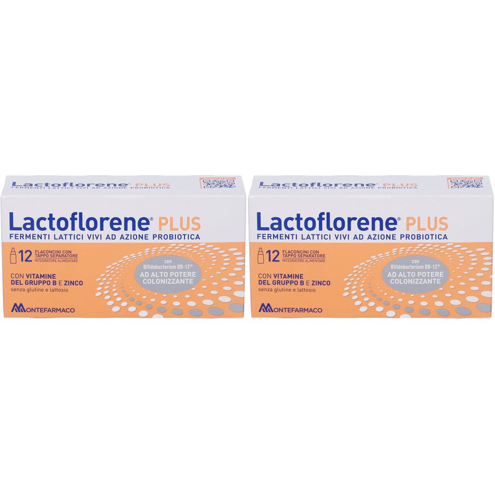 Deux boîtes de Lactoflorene® Plus. Inscription: Fermenti Lattici Vivi ad Azione Probiotica. Contient 12 flacons. Avec vitamine B et zinc.