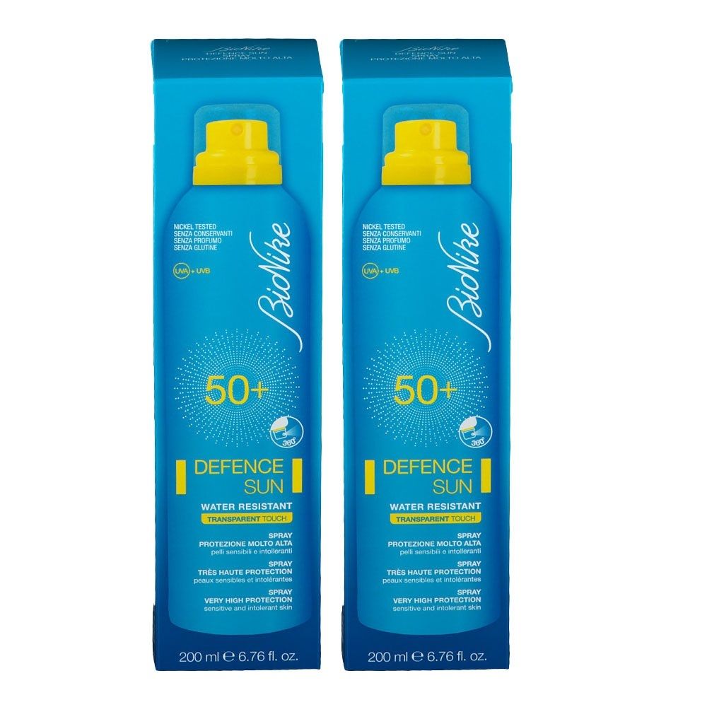 Deux flacons bleus avec bouchons jaunes. Inscription : 50+, DEFENCE SUN, WATER RESISTANT, BiNike. Emballage de 200 ml.