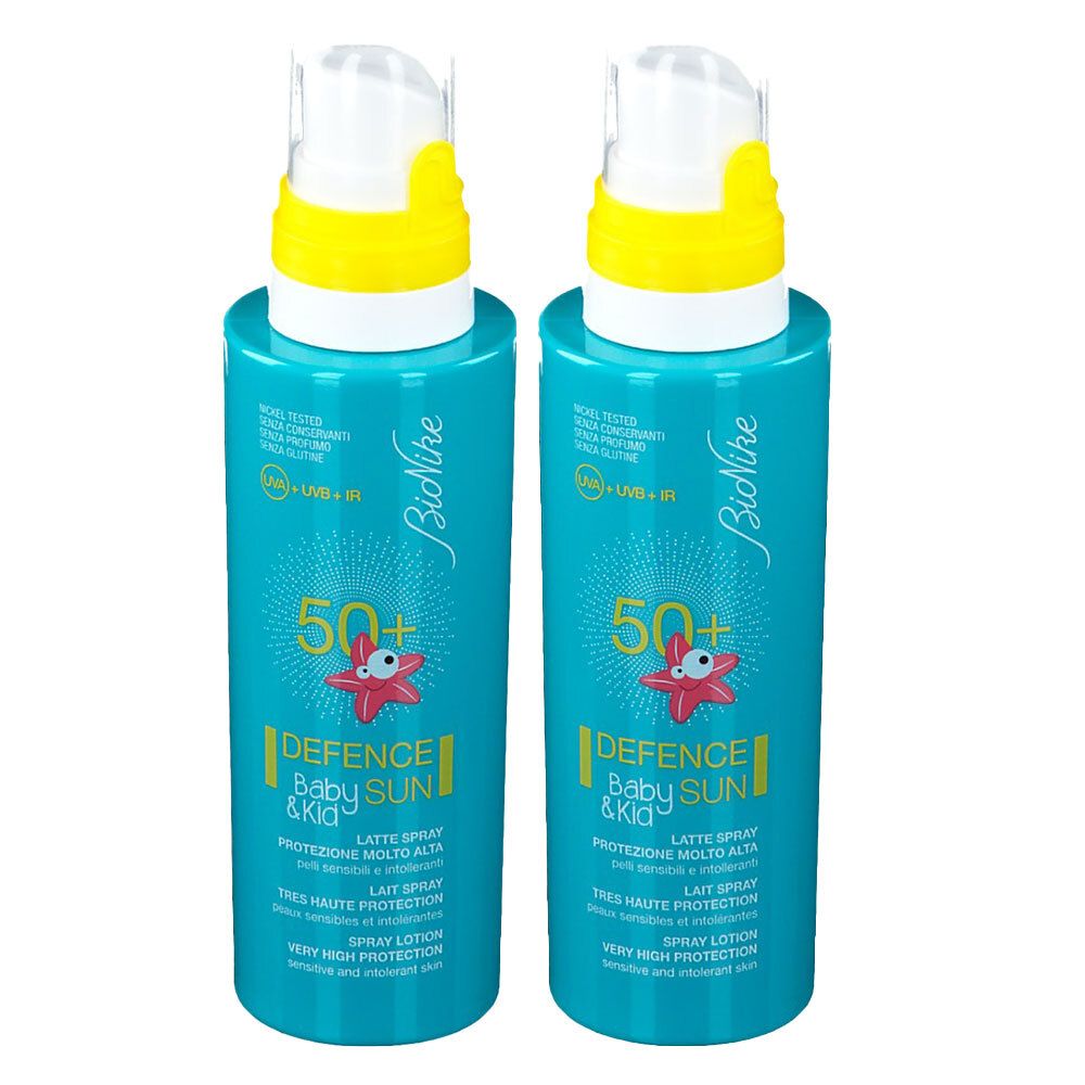 Zwei türkisfarbene Sprays mit gelben Deckeln. Aufschrift: BioNike, 50+, DEFENCE Baby & Kid SUN, LSF 50+.