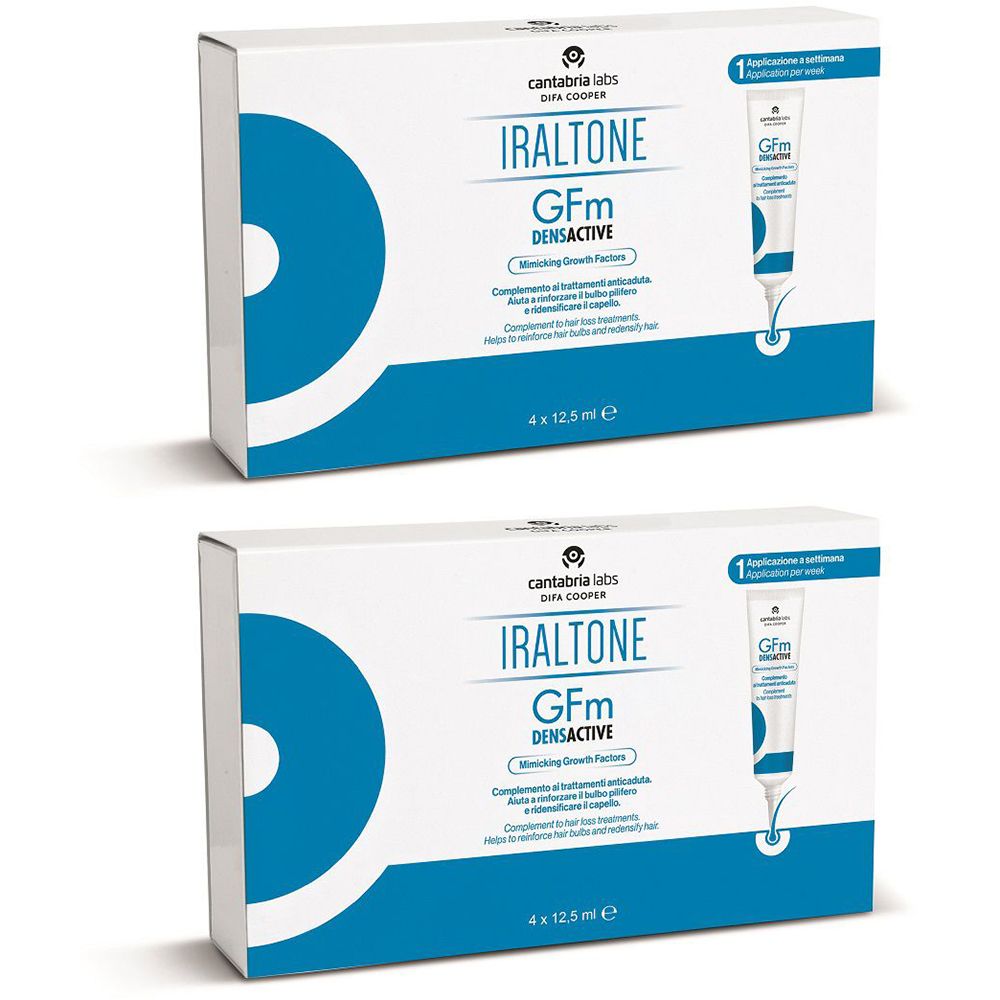 Zwei Kartons mit Produkt. Aufschrift: IRALTONE GFm DENSACTIVE. Enthält 4 Tuben à 12,5 ml. Auf jeder Packung ist eine Tube abgebildet.