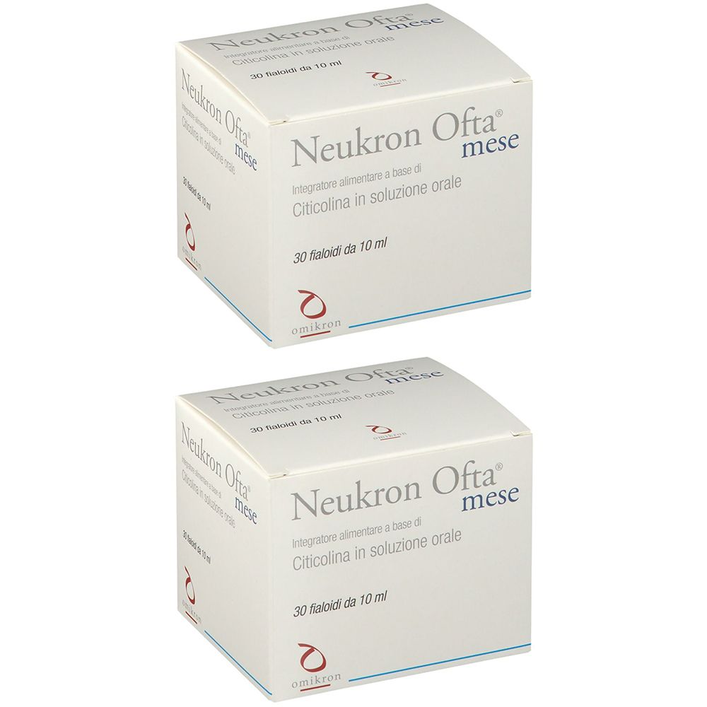 Zwei weiße Kartons mit der Aufschrift "Neukron Ofta mese". Text: "Integratore alimentare a base di Citicolina in soluzione orale".