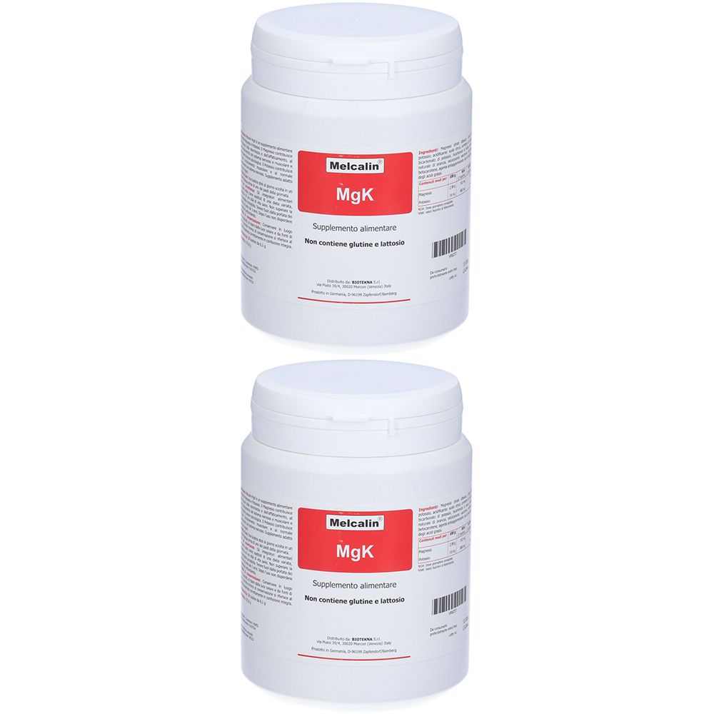 Deux flacons blancs avec couvercles. Étiquette rouge avec MgK et Melcalin. Texte: Complément alimentaire. Sans gluten ni lactose.