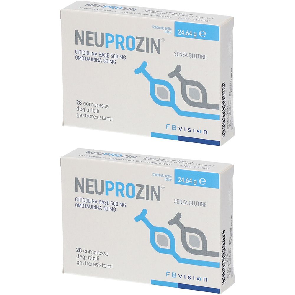 Deux boîtes de NEUPROZIN. Ingrédients et nombre de comprimés visibles. Inscription SENZA GLUTINE.