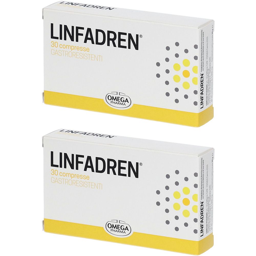 Deux boîtes de LINFADREN. Chaque boîte porte l'inscription "30 compresse gastroresistenti" et le logo Omega Pharma.