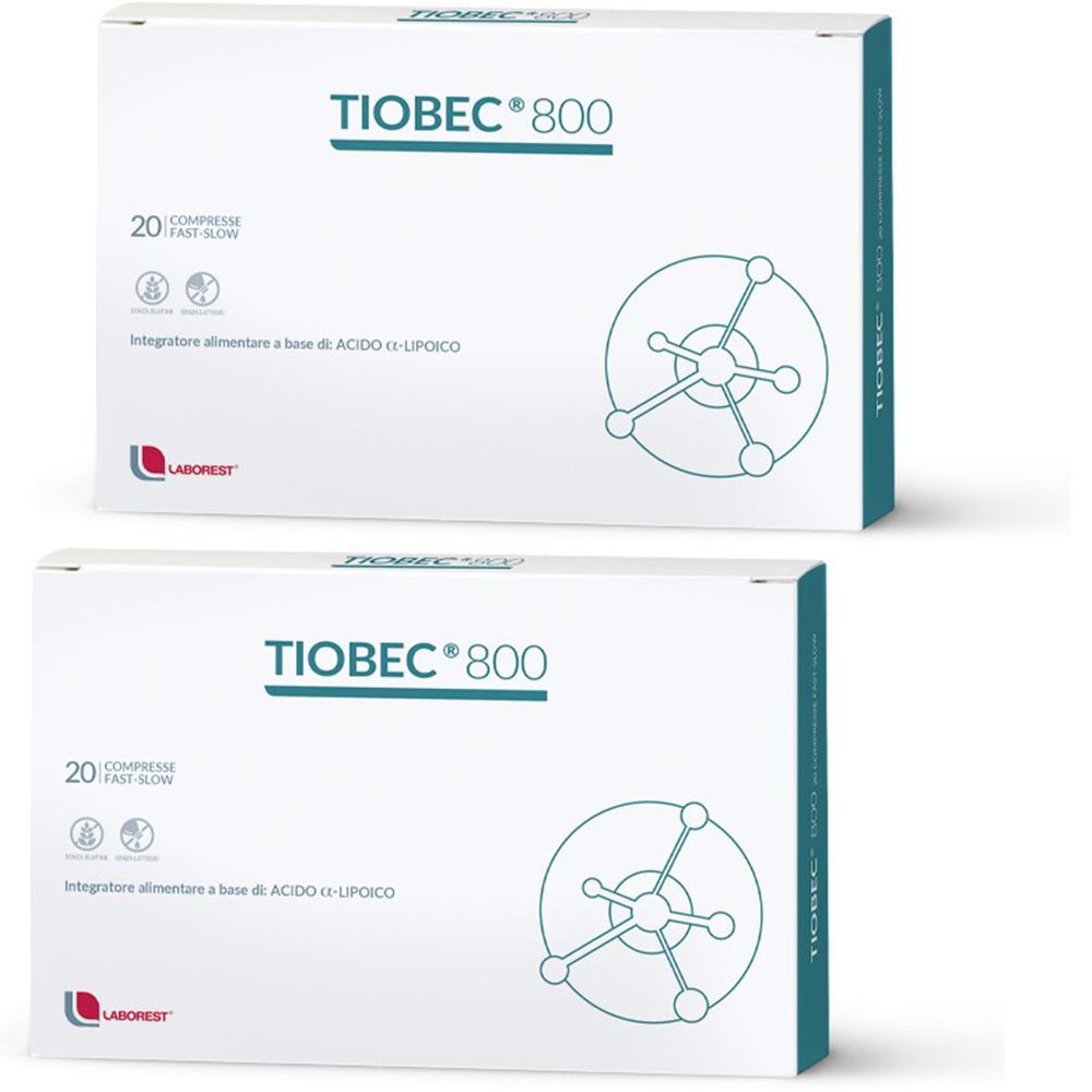 Zwei weiße Schachteln mit der Aufschrift TIOBEC® 800. Auf jeder Schachtel steht „20 COMPRESSE FAST SLOW“ und das Logo von Laborest.