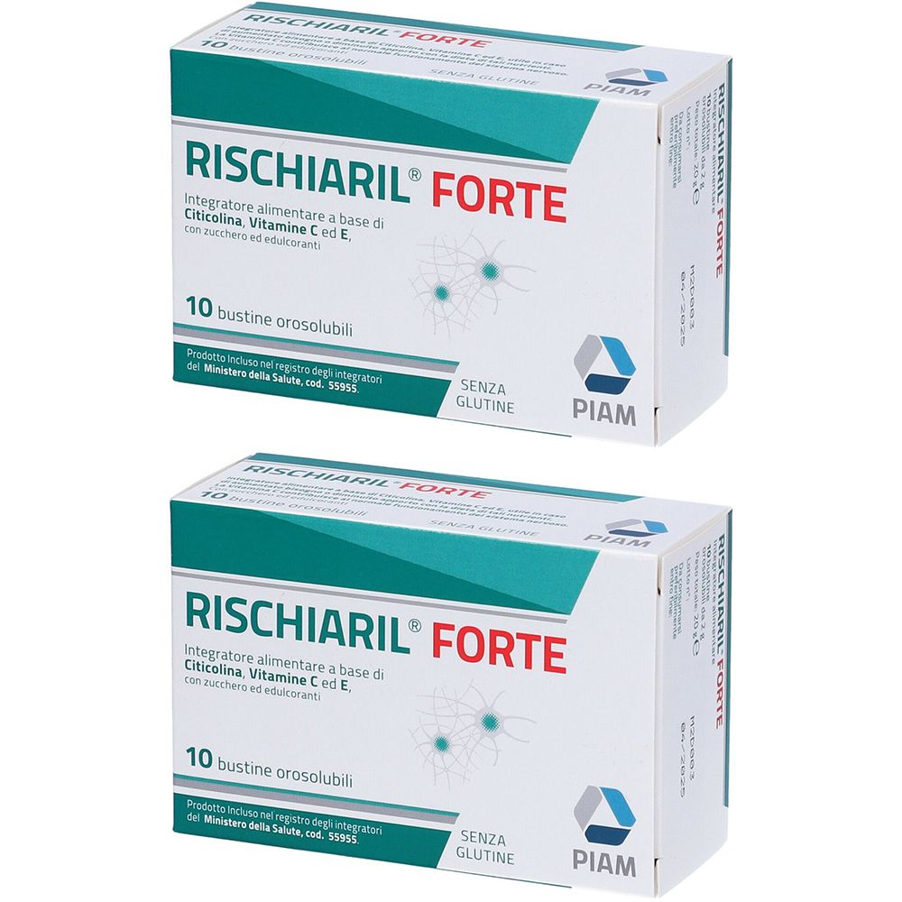 Deux boîtes RISCHIARIL FORTE. Chaque boîte indique "10 bustine orosolubili" et "SENZA GLUTINE". Logo PIAM visible.