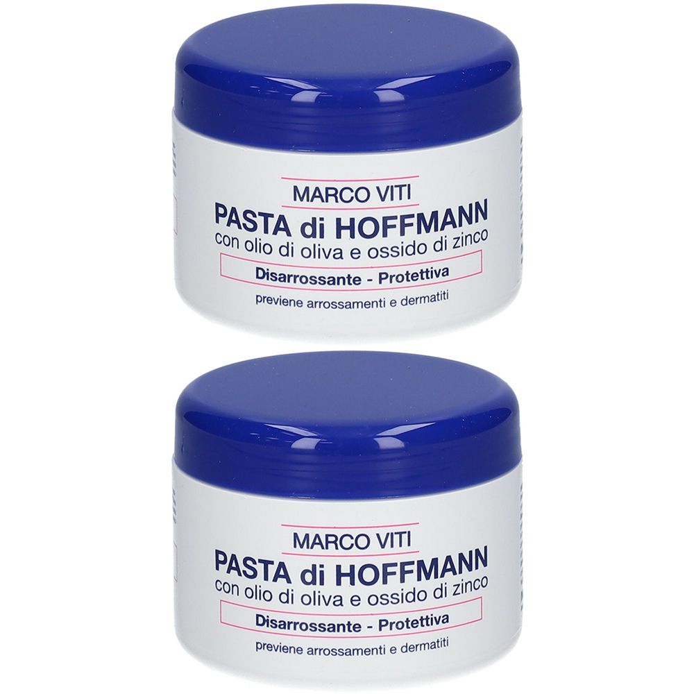 Zwei weiße Tiegel mit blauem Deckel. Aufschrift: PASTA di HOFFMANN, Disarrossante - Protettiva.