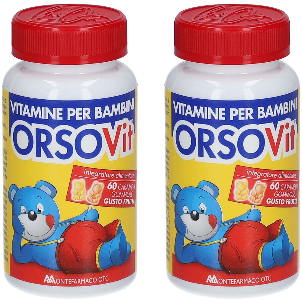 Deux flacons avec bouchons rouges. Inscription: ORSOVit, vitamines pour enfants. Illustration d'un ours bleu. 60 gommes.
