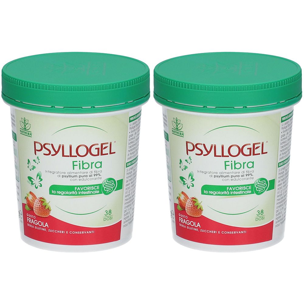 Deux pots verts PSYLLOGEL Fibra. Inscription « FAVORISCE la regolarità intestinale ». Illustration de fraises.