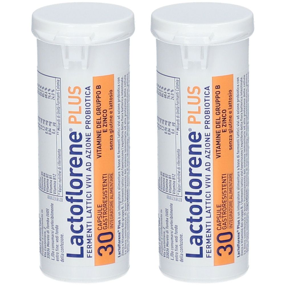 Zwei weiße, zylindrische Behälter mit Deckel. Aufschrift: Lactoflorene PLUS, 30 Kapseln, Vitamine B und Zink.
