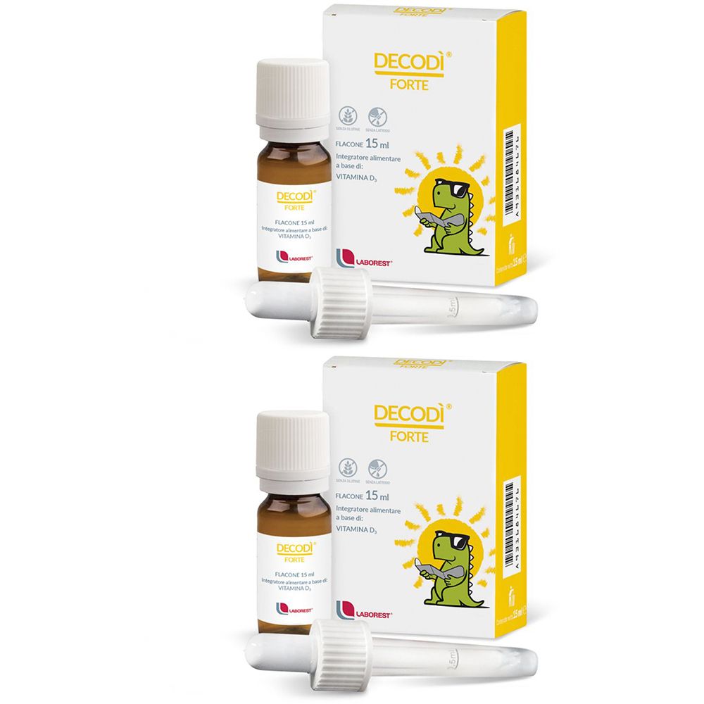 Zwei Fläschchen und Verpackungen. Aufschrift: Decodì Forte, Flacone 15 ml. Mit Pipette. Gelbe Verpackung mit Dino-Illustration.
