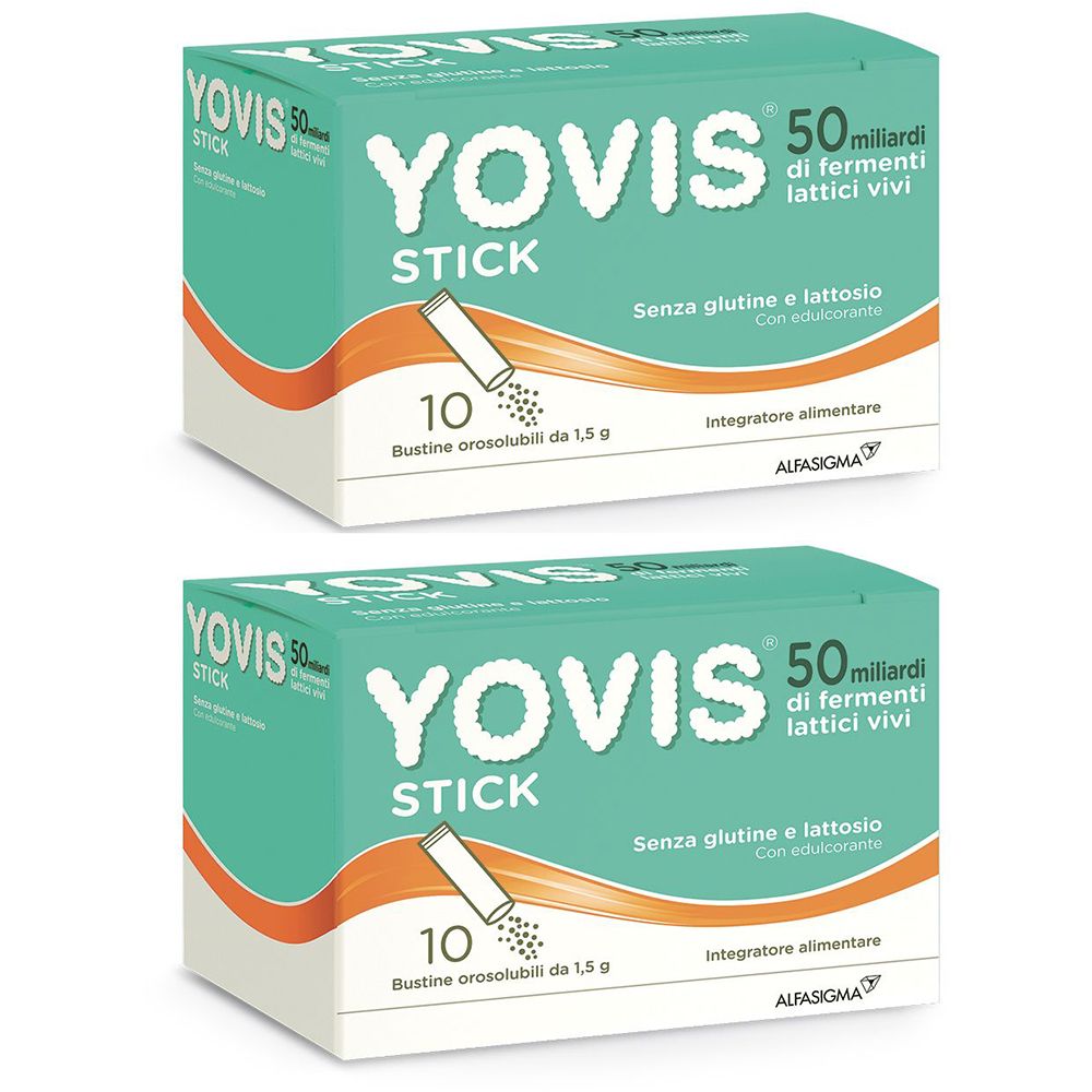 Zwei Packungen Yovis Stick. Aufschrift: 50 Milliarden lebende Milchsäurebakterien, glutenfrei, laktosefrei. 10 Sticks pro Packung.