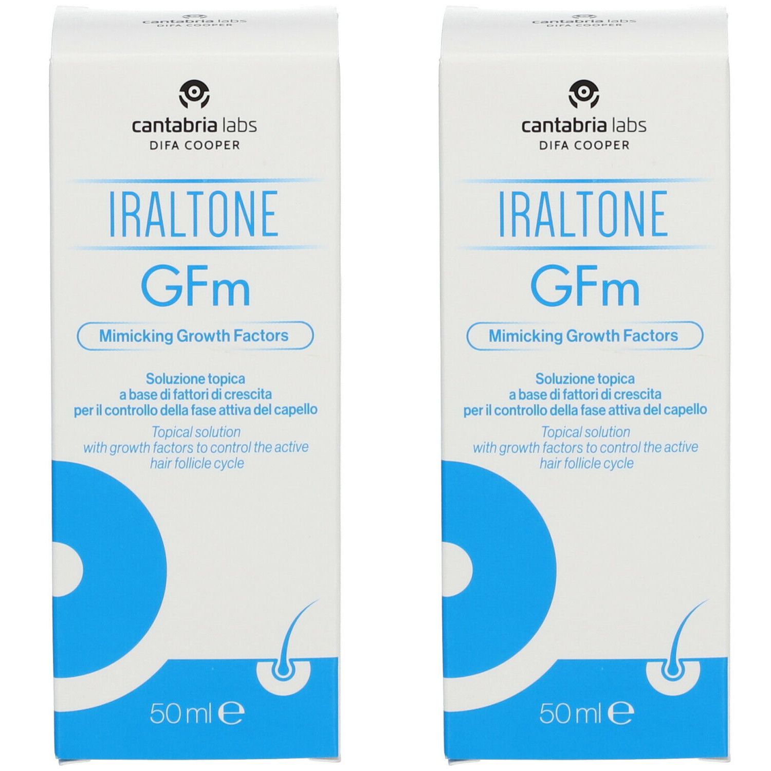Deux boîtes blanches avec graphiques bleus et texte. Inscription: Iraltone GFm, Mimicking Growth Factors. 50 ml.