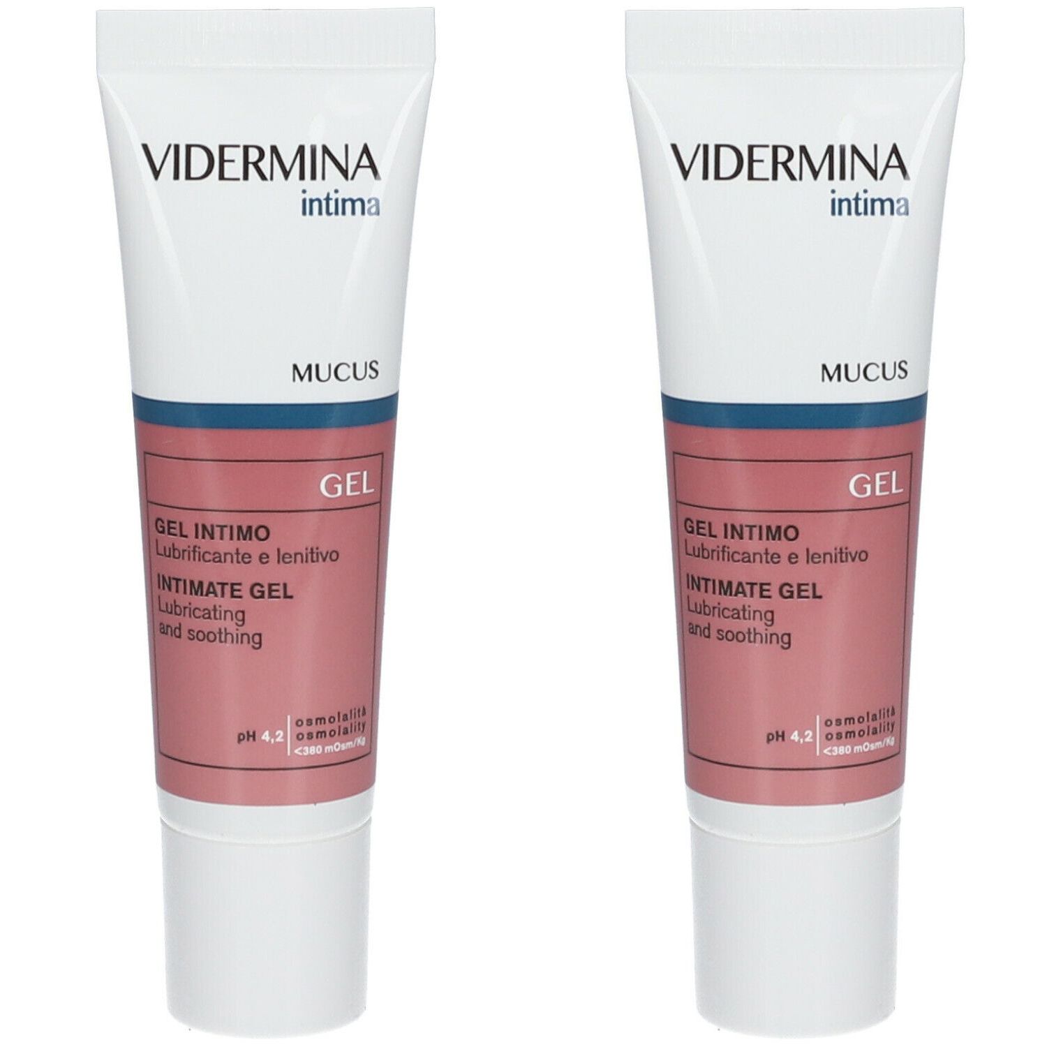 Zwei Tuben Intim-Gel. Aufschrift: VIDERMINA intima, MUCUS, GEL INTIMO, INTIMATE GEL. pH 4.5.
