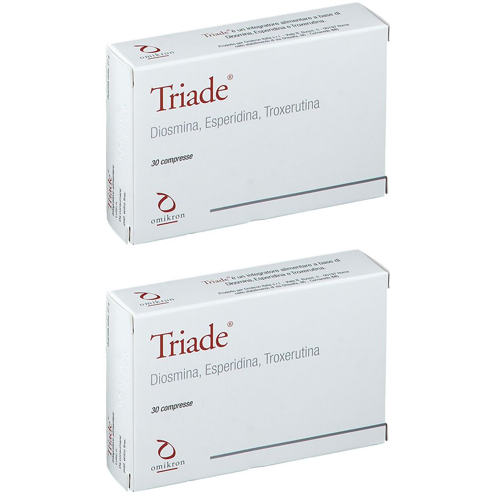 Deux boîtes blanches avec le nom "Triade". Les ingrédients et le nombre de comprimés sont indiqués. Le logo est également visible.