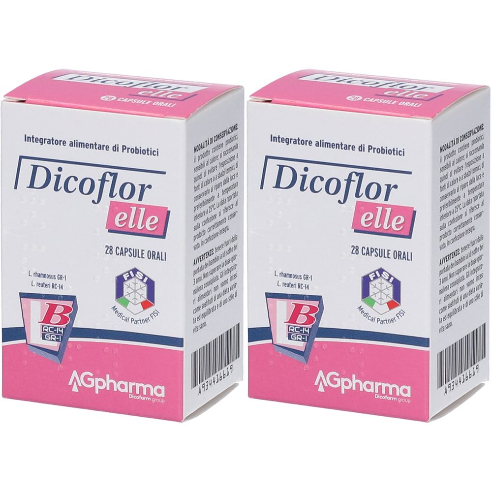 Zwei rechteckige Schachteln mit der Aufschrift "Dicoflor elle". Aufschrift: "Integratore alimentare di Probiotici", "28 CAPSULE ORALI".