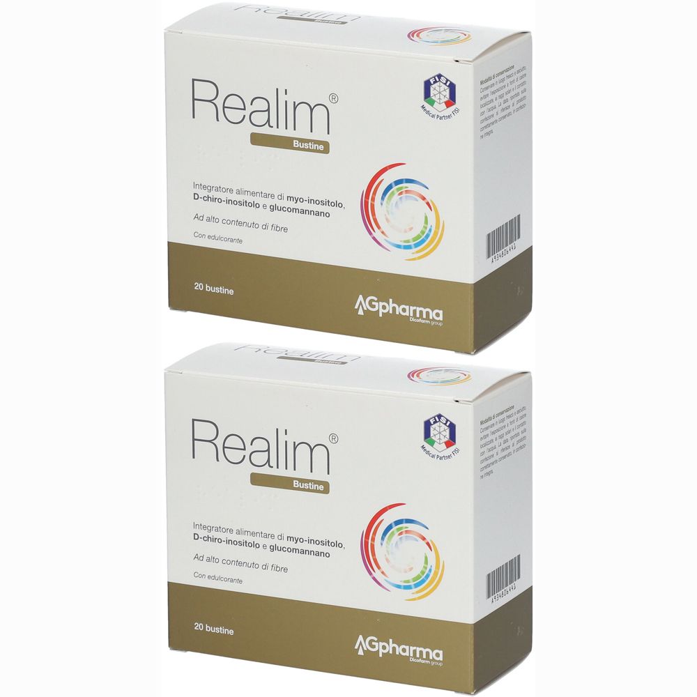 Deux boîtes de REALIM® Bustine. Emballage blanc avec nom du produit, ingrédients et logo. 20 sachets par boîte.