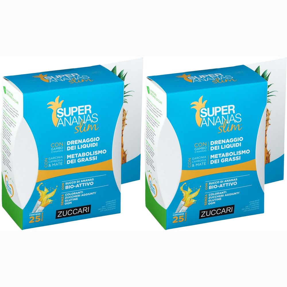 Zwei Schachteln Super Ananas Slim. Blaue Schachteln mit gelben Akzenten und Produktinformationen. Marke Zuccari.