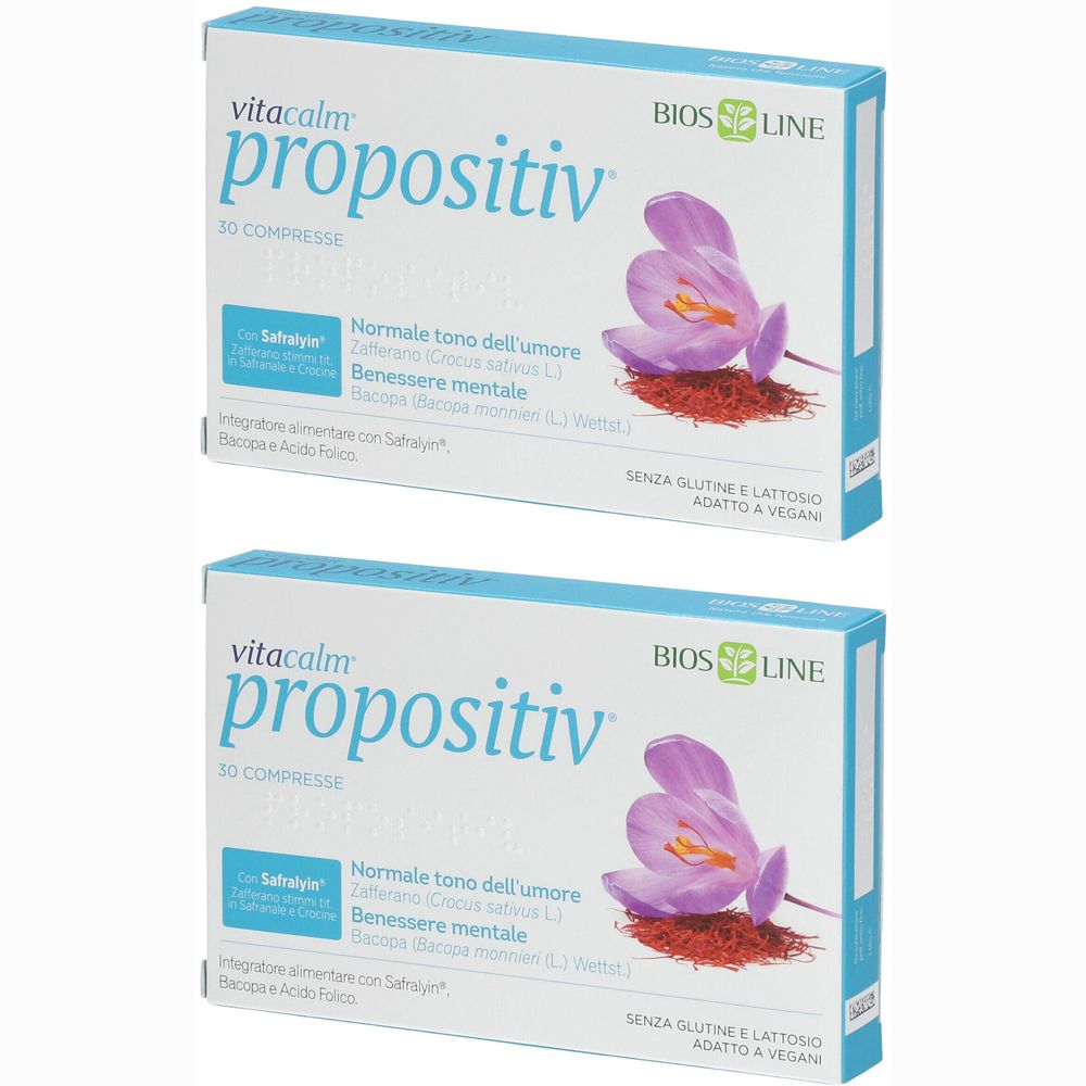 Deux boîtes de Vitacalm Propositiv. Inscription : 30 comprimés, BIOS LINE. Image d'une fleur violette et de stigmates de safran. Sans gluten, sans lactose, végétalien.