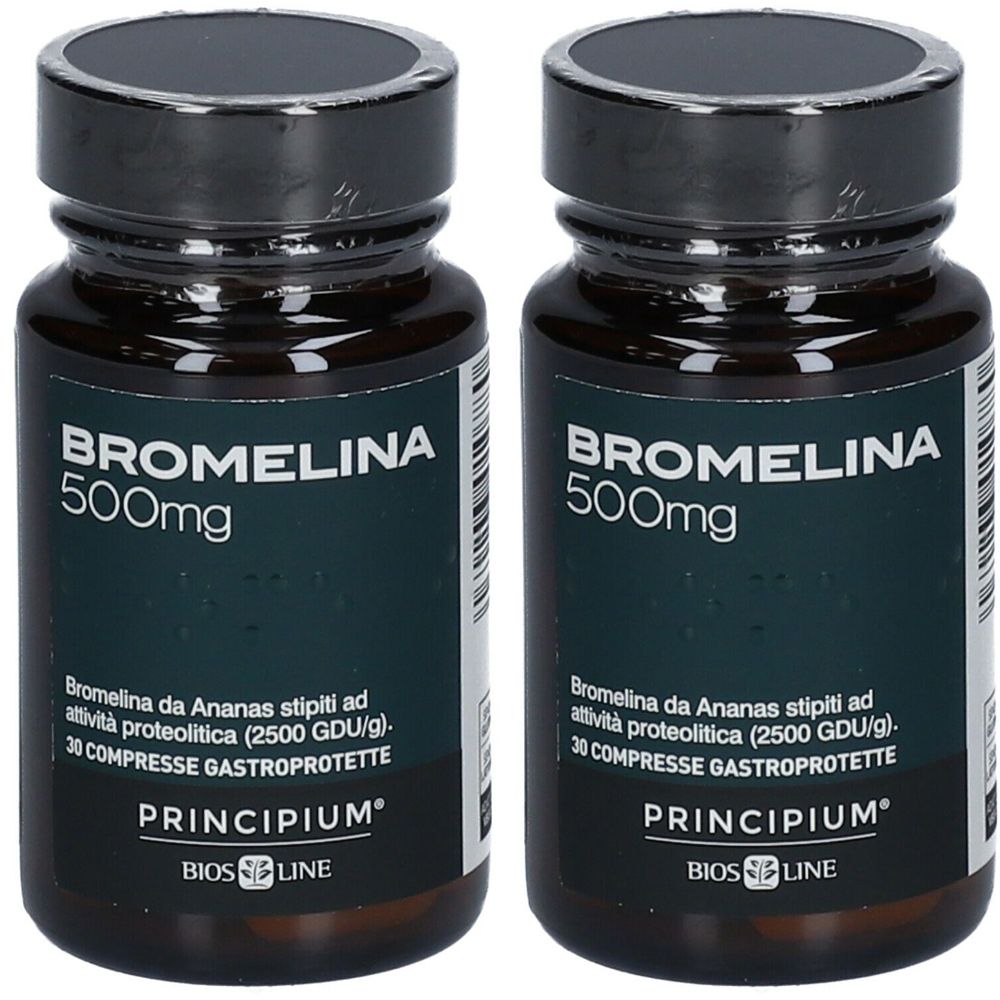 Zwei Flaschen mit der Aufschrift BROMELINA 500mg. Aufschrift PRINCIPIUM BIOS LINE. 30 Tabletten.
