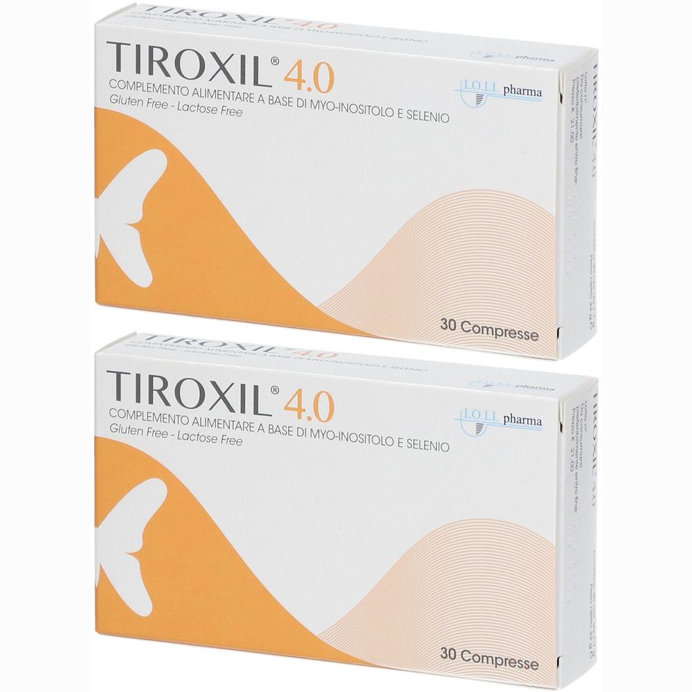 Zwei Schachteln TIROXIL 4.0. Aufschrift: Glutenfrei, Laktosefrei. Enthält 30 Tabletten. Logo: IOL pharma. Orangefarbener Hintergrund.
