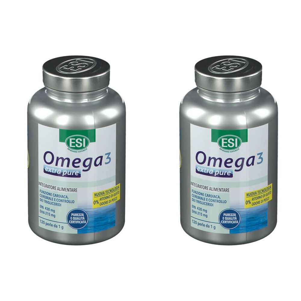 Zwei silberne Flaschen mit Omega 3 Extra Pure. Aufschrift: ESI, Omega3, Extra Pure. Etikett mit Informationen und Zertifizierung.