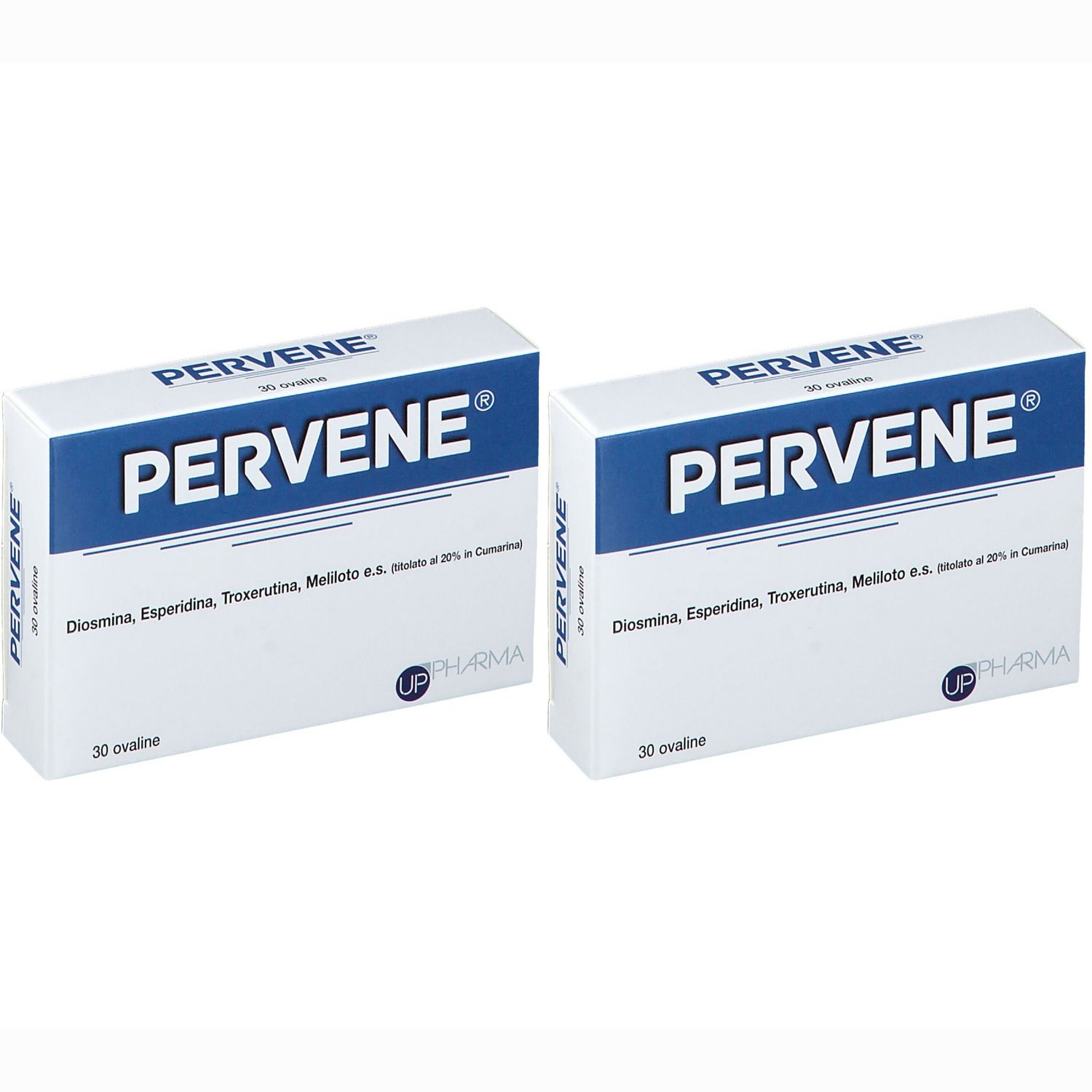 Zwei Schachteln mit dem Produktnamen PERVENE®. Blaue und weiße Verpackung. Aufschrift: Diosmina, Esperidina, Troxerutina, Meliloto e.s. 30 ovaline.