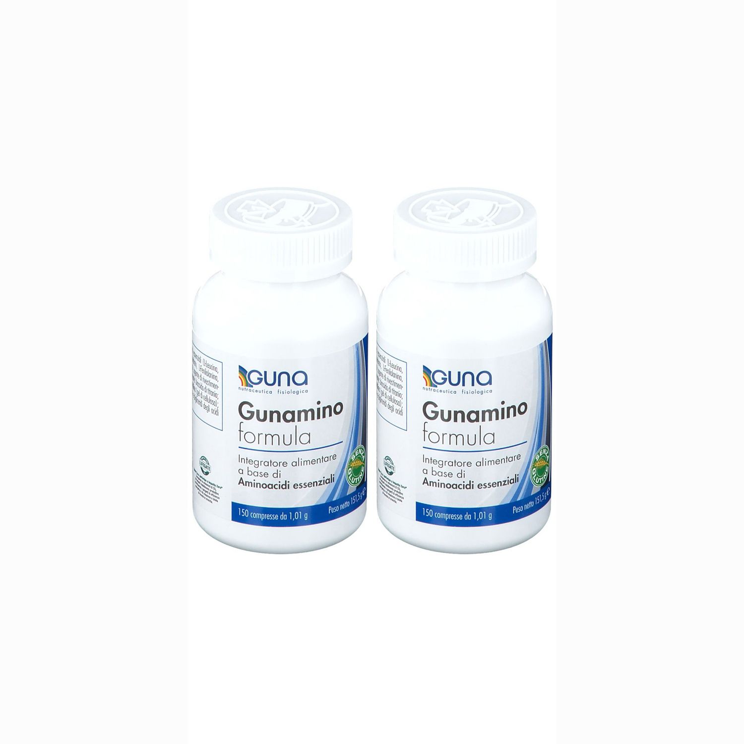 Deux flacons blancs avec bouchons à vis. Inscription : Guna Gunamino formula. Complément alimentaire à base d'acides aminés essentiels.