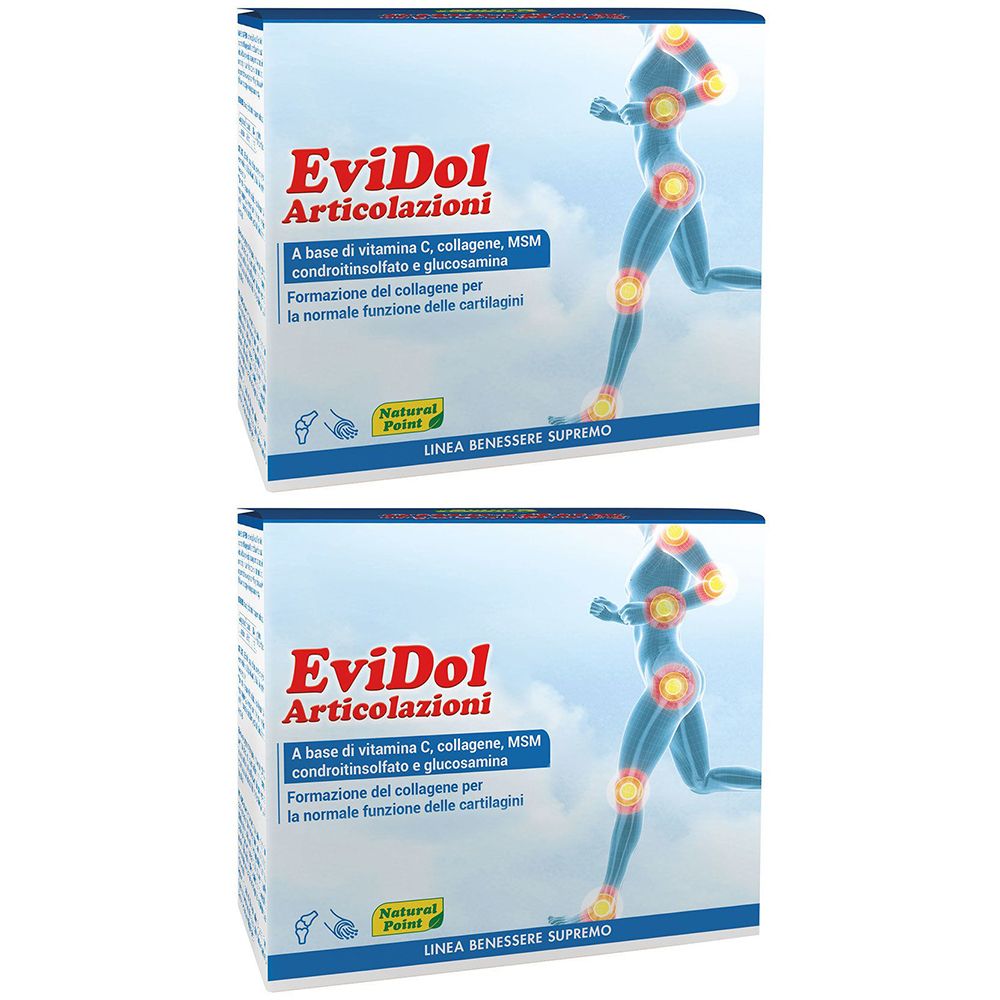 Deux boîtes EviDol Articolazioni. Inscription : A base di vitamina C, collagene, MSM, condroitinsolfato e glucosamina. Logo Natural Point.