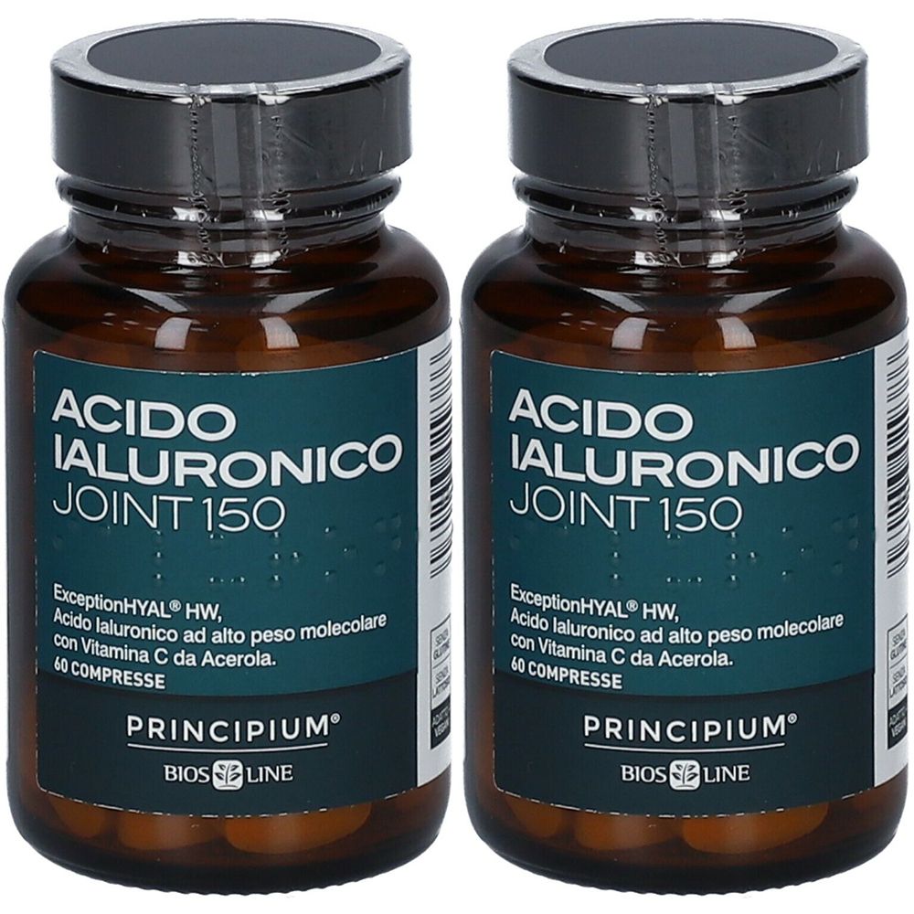 Deux flacons bruns avec bouchons noirs. L'étiquette indique "ACIDO IALURONICO JOINT 150". En dessous, "PRINCIPIUM" et "BIOS LINE".
