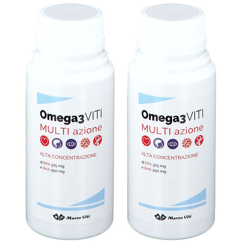 Deux flacons blancs avec étiquette Omega3 Viti. Inscription : Multi Azione, Alta Concentrazione. Marque : Marco Viti. Contient EPA et DHA.