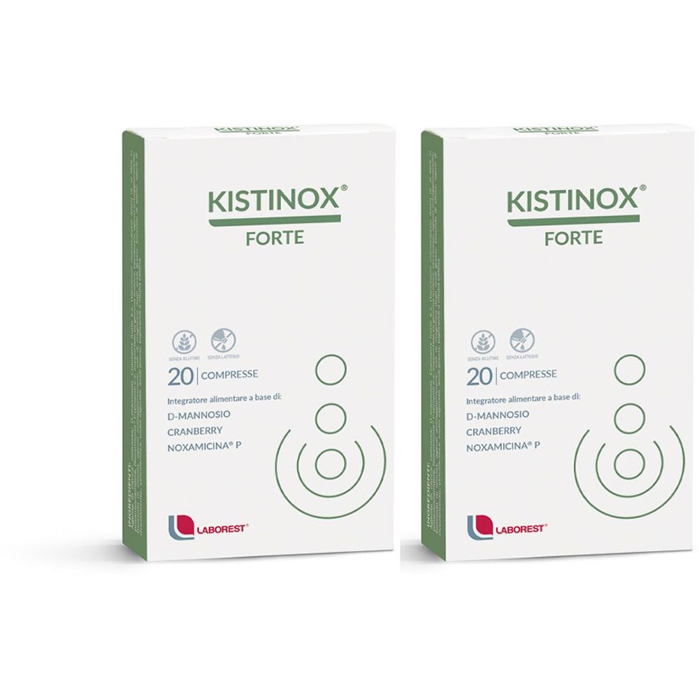 Zwei weiße Schachteln mit grünen Akzenten. Aufschrift: Kistinox Forte, 20 Tabletten. Enthält D-Mannose, Cranberry und Noxamicina P. Marke: Laborest.