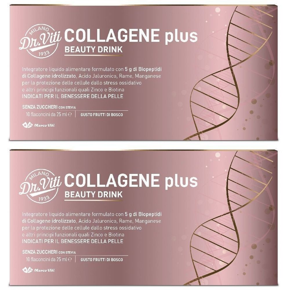Zwei Packungen Marco Viti Collagene Plus Beauty Drink. Rosa Verpackung mit Produktinformationen und Markenlogo.