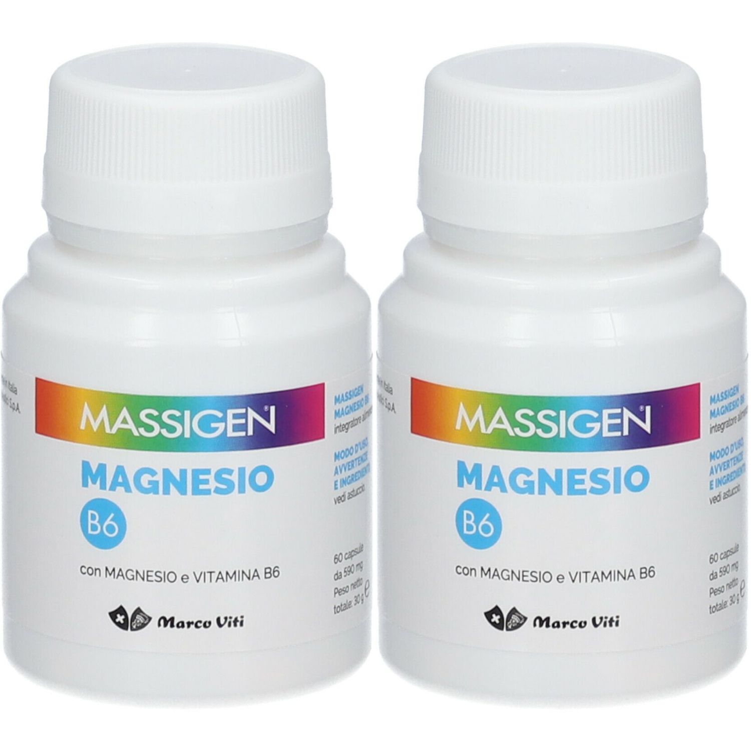 Deux flacons blancs avec l'inscription MASSIGEN Magnesio B6. Inscription en italien. Marque Marco Viti.