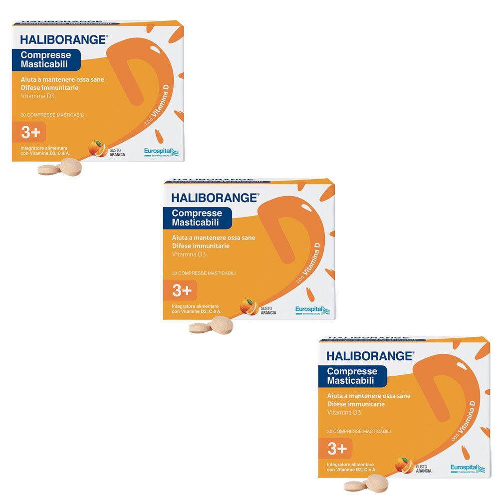 Trois boîtes de comprimés. Inscription: HALIBORANGE, Compresse Masticabili, Vitamine D3. Recommandé pour les enfants de 3 ans et plus.