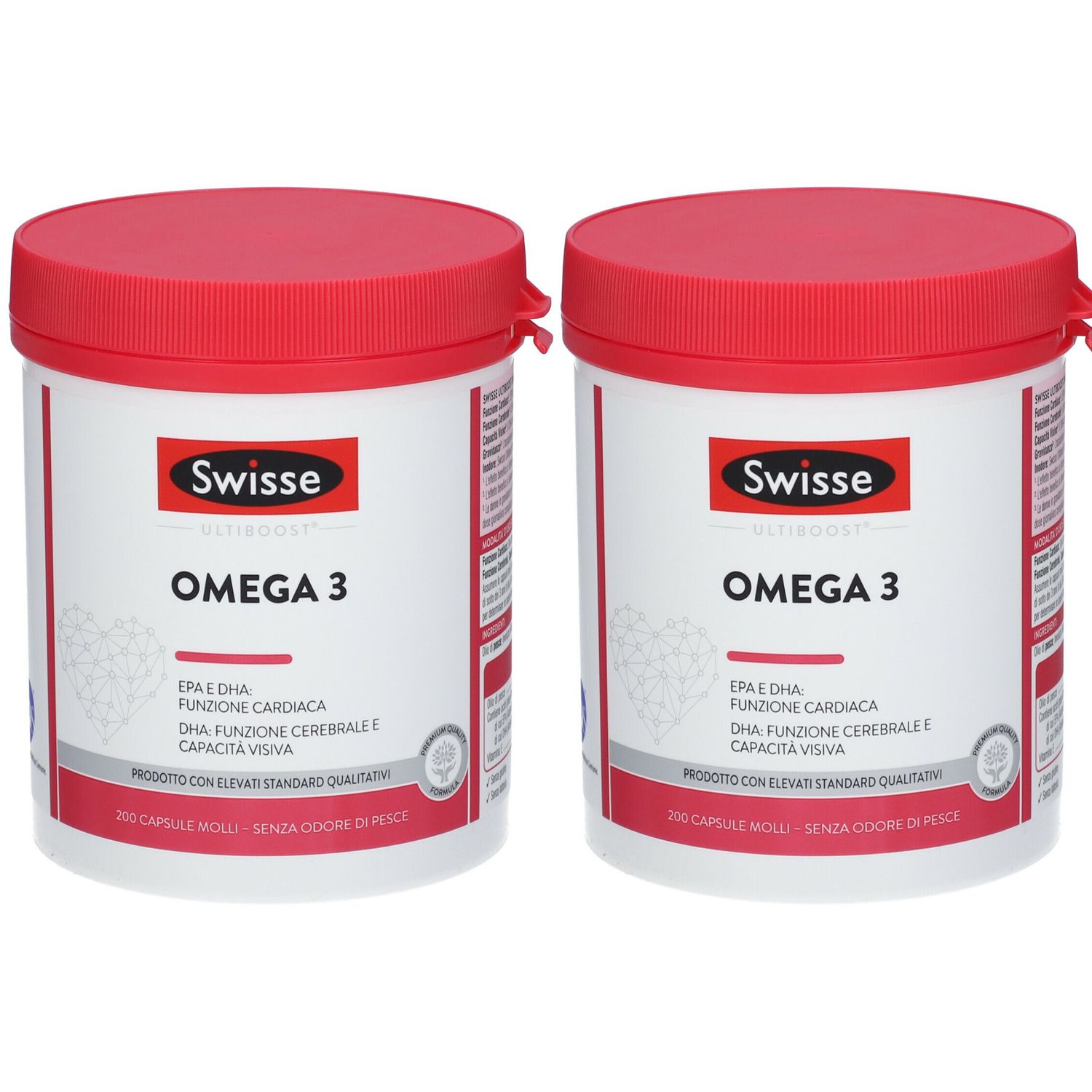 Deux boîtes blanches avec couvercles rouges. Inscription : Swisse Ultiboost Omega 3. Contient EPA et DHA. Pour le cœur, le cerveau et la vue.