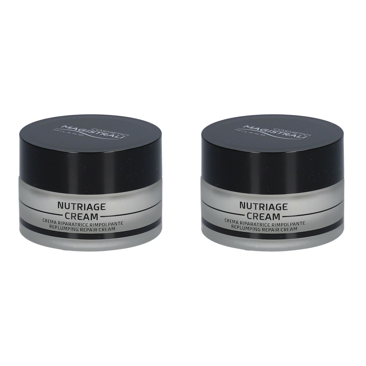 Deux pots de crème avec couvercles noirs. Inscription: Nutriage Cream, Creme riparatrice rimpolpante, Replumping Repair Cream.
