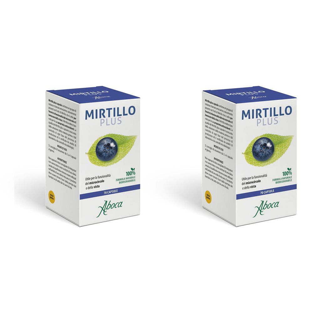 Zwei rechteckige Schachteln mit der Aufschrift "Mirtillo Plus". Auf jeder Schachtel ist eine Blaubeere auf einem Blatt abgebildet. Darunter steht "Aboca".