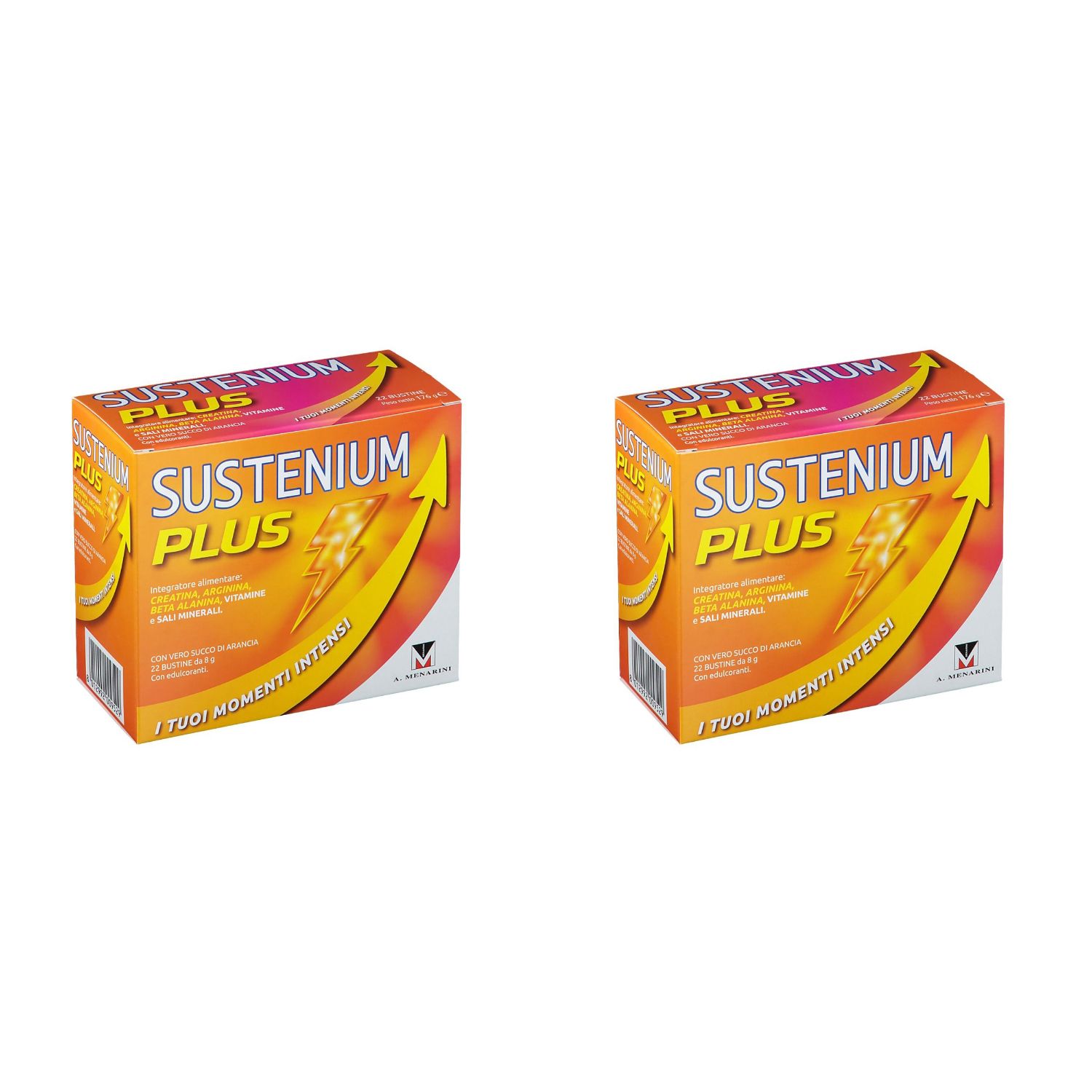 Deux boîtes de Sustenium Plus. Emballage orange avec éclair et flèche jaunes. Texte : Sustenium Plus, I tuoi momenti intensi.