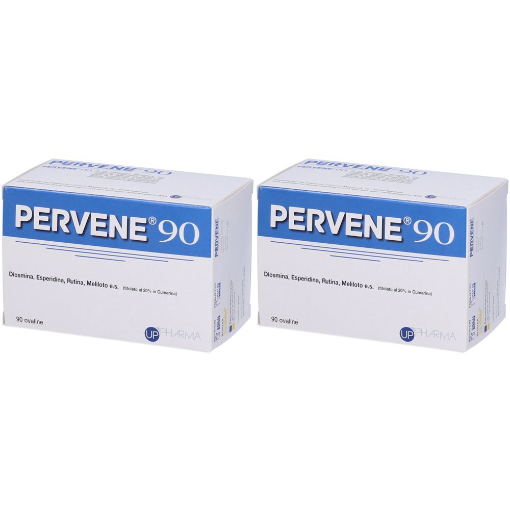 Zwei weiße Kartons mit der Aufschrift "PERVENE 90". Aufschrift in Blau. Unten steht "90 ovuline".