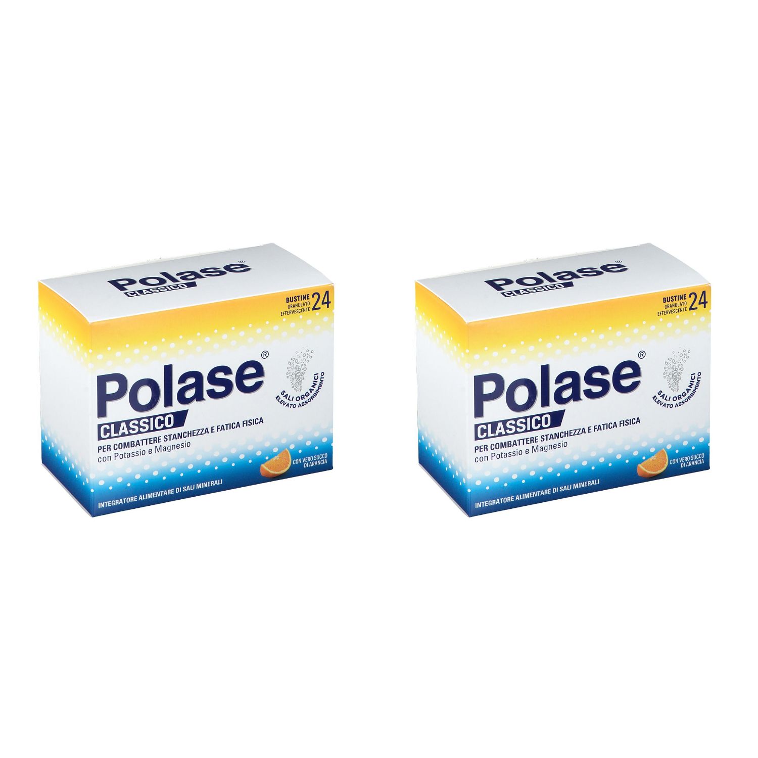 Zwei Kartons Polase, weiß-gelb. Aufschrift: Polase Classico, 24 Beutel. Mit Orangenscheibe und Text in italienischer Sprache.