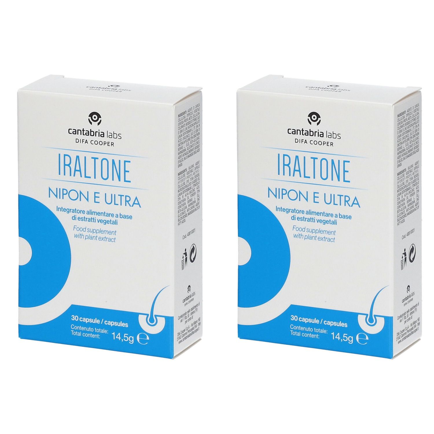 Zwei Schachteln mit dem Produkt IRALTONE NIPON E ULTRA. Aufschrift: Cantabria Labs, 30 Kapseln, 14,5g.