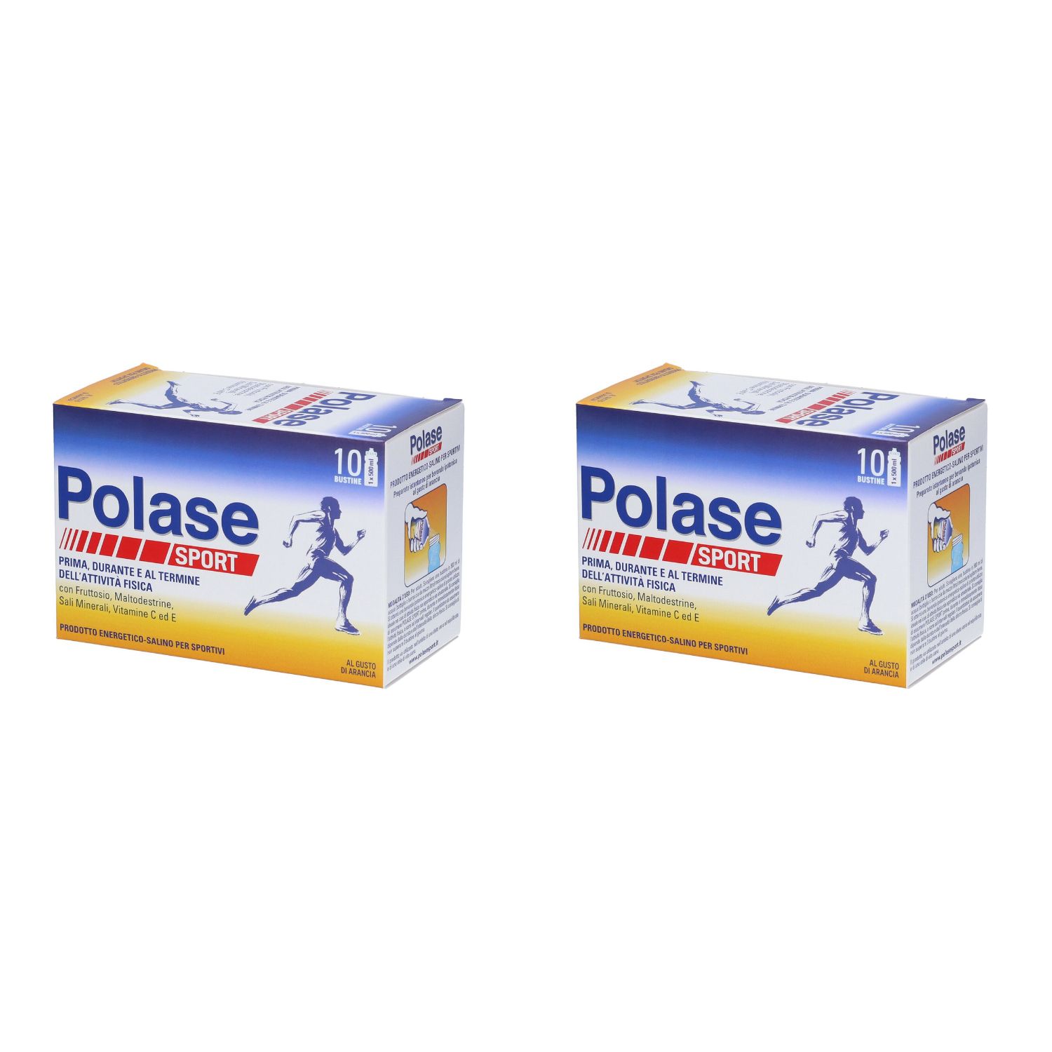 Zwei Kartons mit der Aufschrift "Polase Sport". Blaue und gelbe Verpackung mit einer Abbildung eines Läufers. Enthält 10 Beutel.