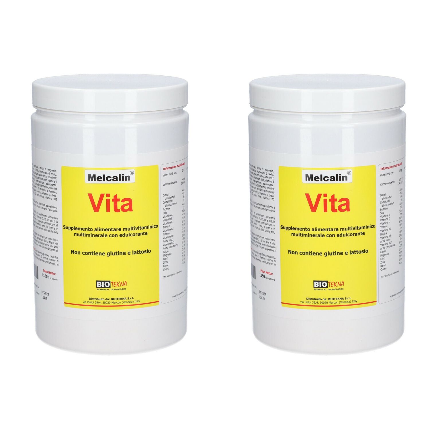 Zwei weiße Behälter mit gelben Etiketten. Auf den Etiketten steht "Melcalin Vita". Text darunter: "Supplemento alimentare multivitaminico..." und "Non contiene glutine e lattosio".