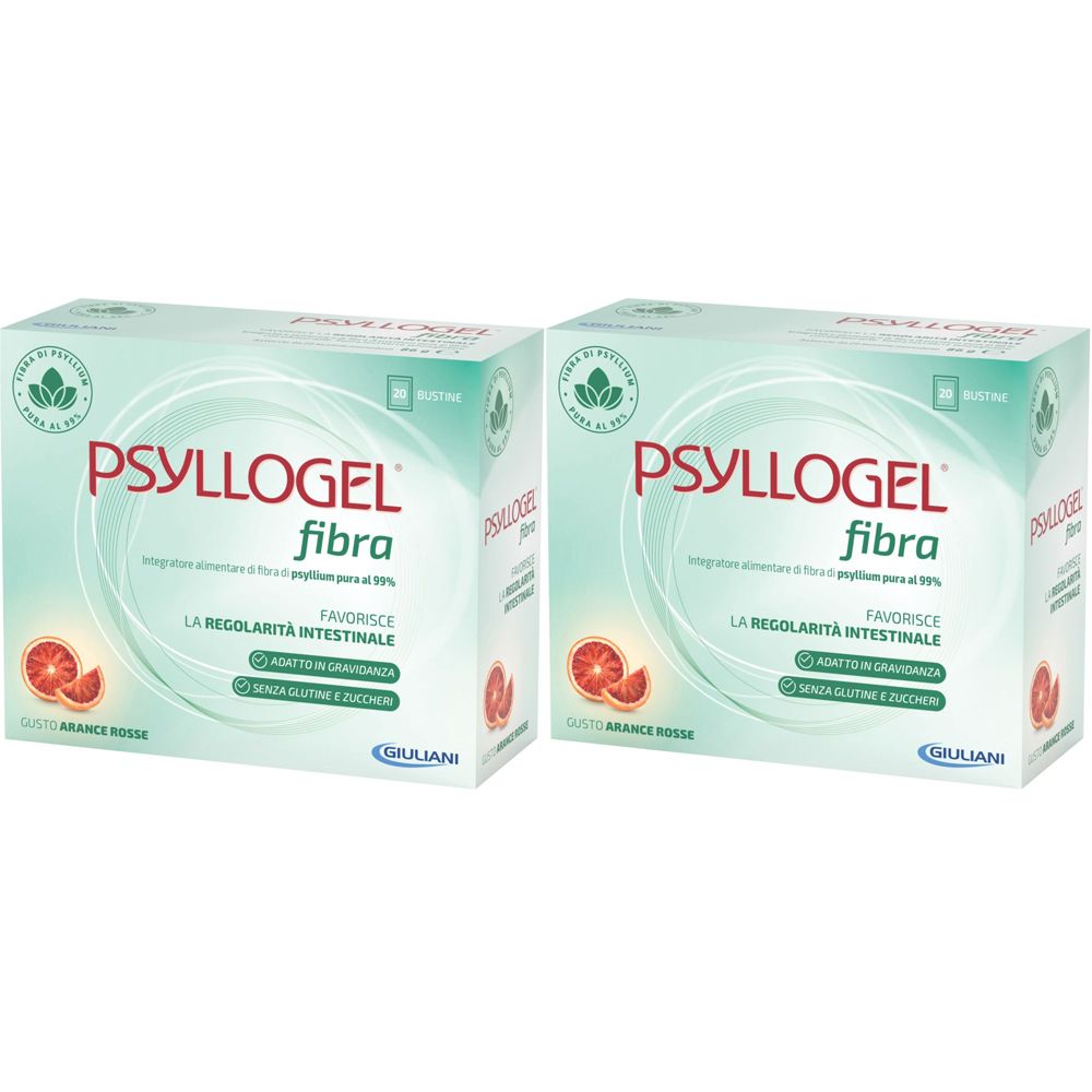 Zwei Schachteln mit der Aufschrift "PSYLLOGEL fibra". Auf jeder Schachtel ist eine Blutorange abgebildet. Text: "FAVORISCE LA REGOLARITÀ INTESTINALE".