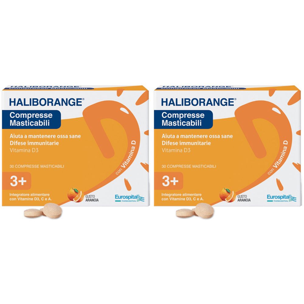 Deux boîtes de comprimés à croquer Haliborange. Inscription : Compresse Masticabili, 3+. Contient de la vitamine D. Deux comprimés visibles.