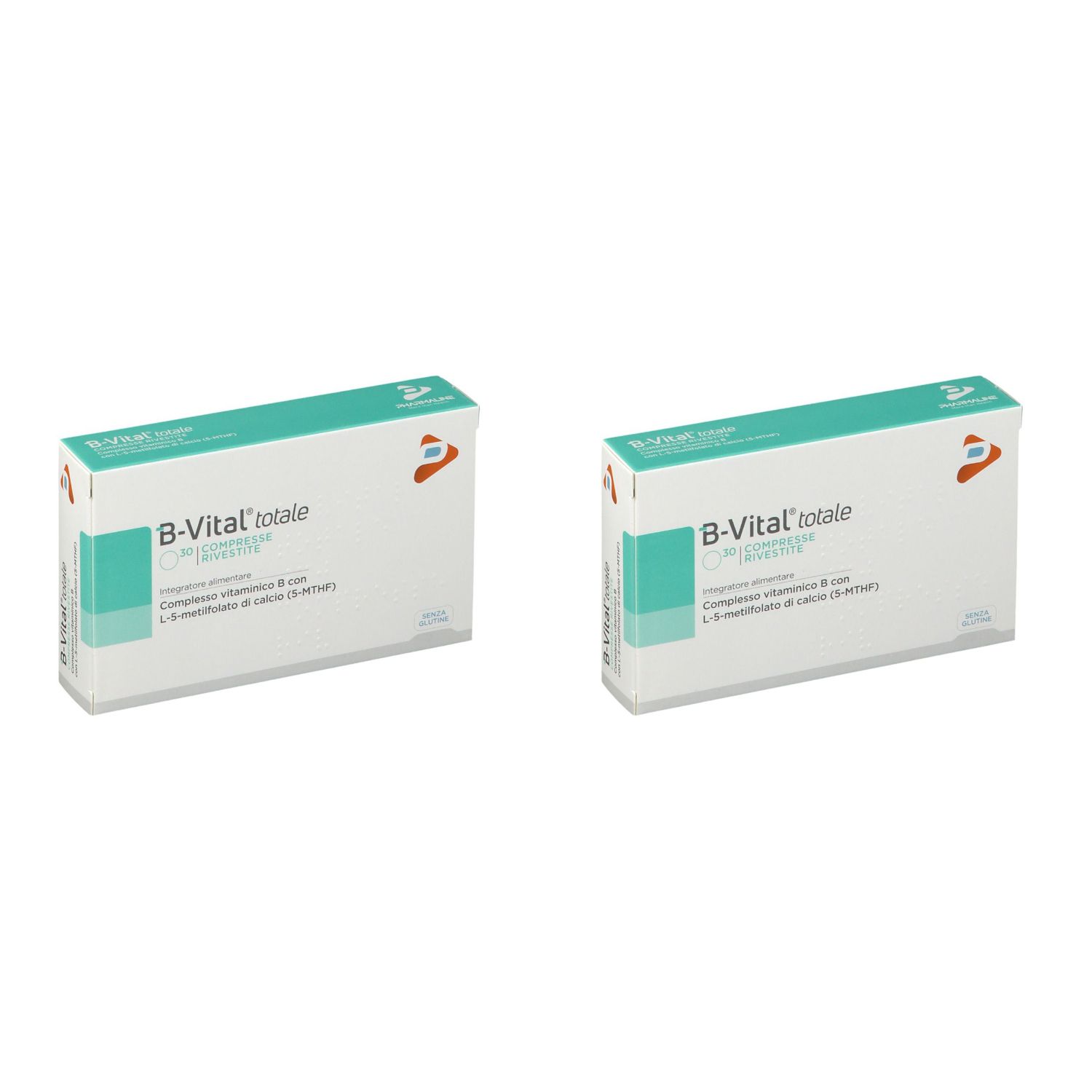 Deux boîtes de B-VITAL Totale. Boîtes blanches avec des accents turquoise et le nom du produit. Texte : Integratore alimentare.