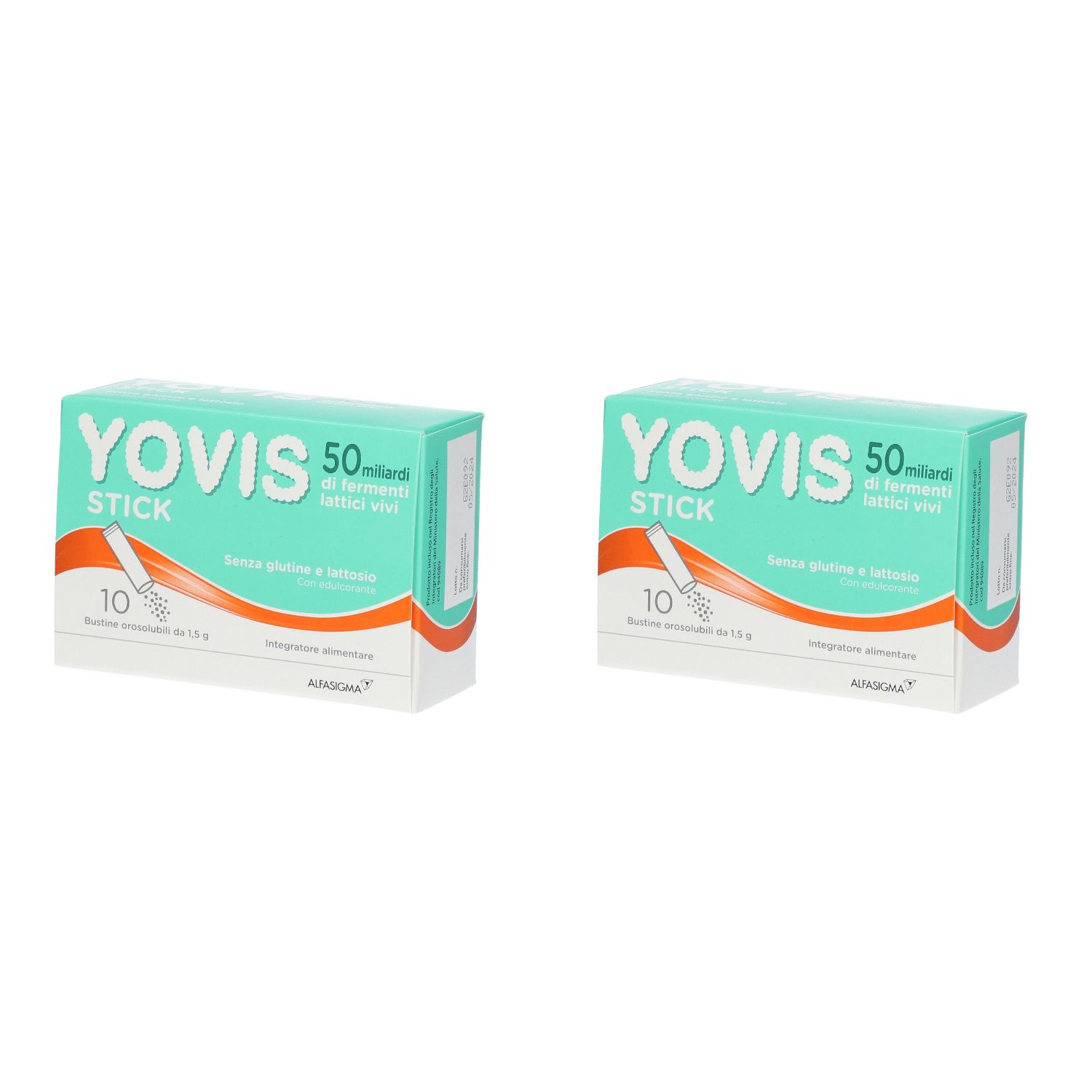 Zwei Packungen Yovis Stick. Türkis-weiße Schachteln mit Produktnamen und Angaben zu Inhaltsstoffen und Anzahl.